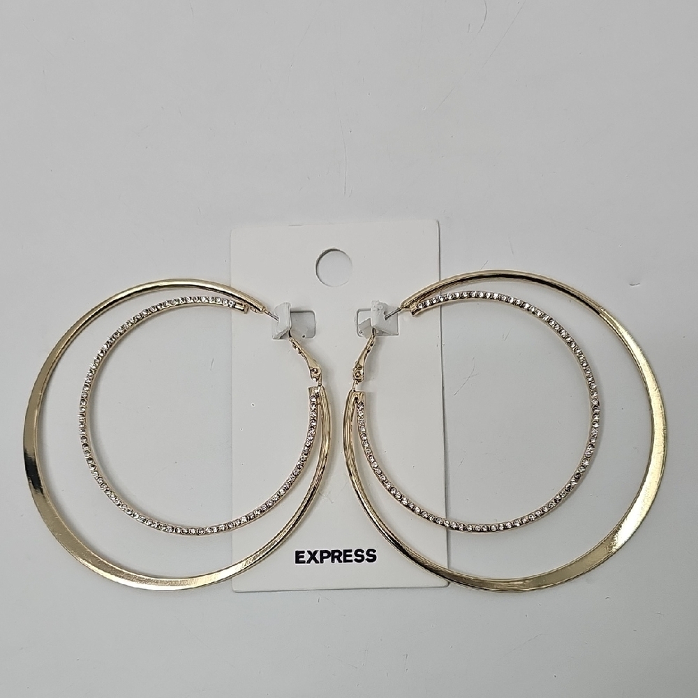 Express Oversized 2 Hoop Earrings Crystal Hoop In Gold-toned Hoop‎